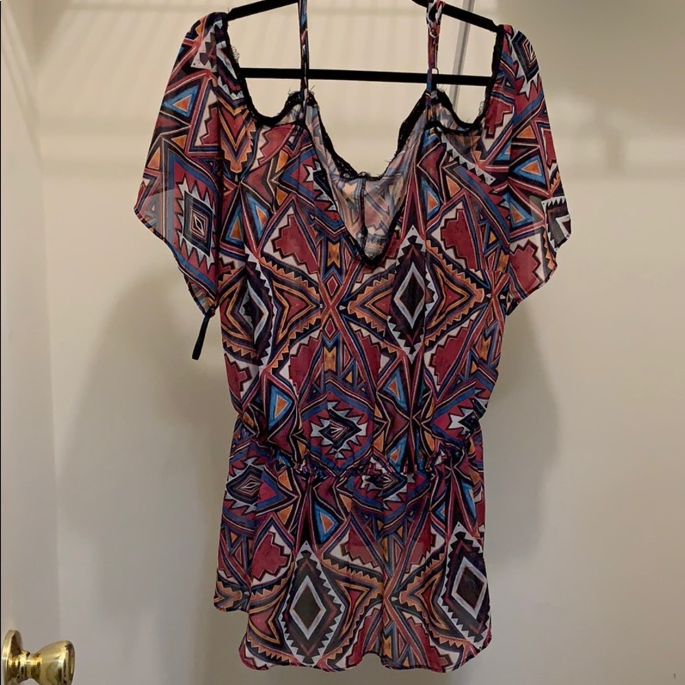 Plus Size Sheer Aztec Cold Shoulder Top- FTF